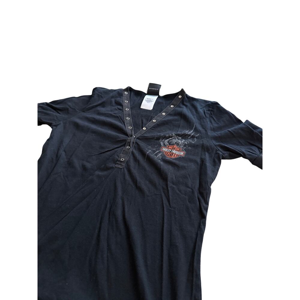 Harley Davidson Vehicle City Flint Michigan Black Snap Henley T-Shirt Made USA M